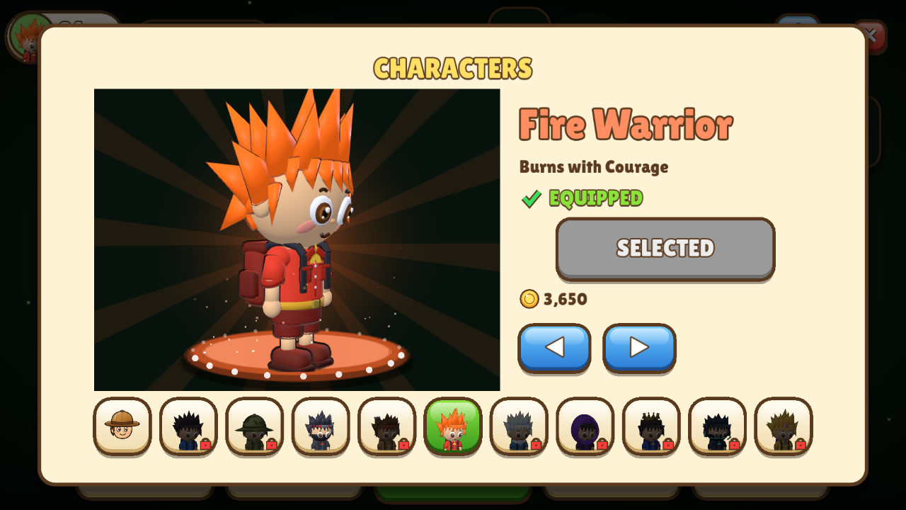 Character showcase with the Fire Warrior on a glowing pedestal