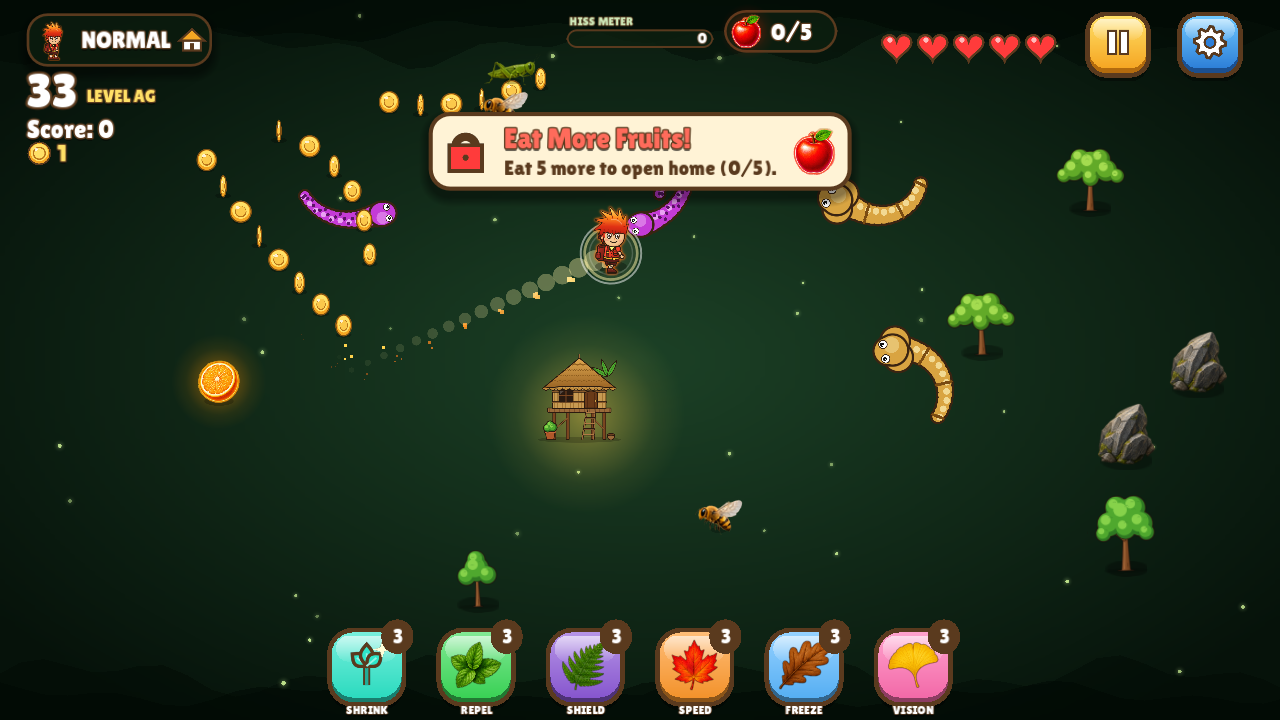 HissRun gameplay: the explorer dodging snakes while collecting coins and a fruit