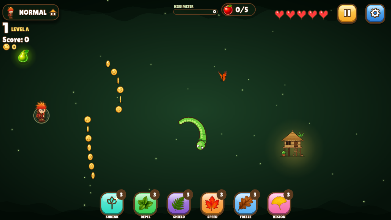 First-level tutorial: a pointing hand shows where to eat the next fruit