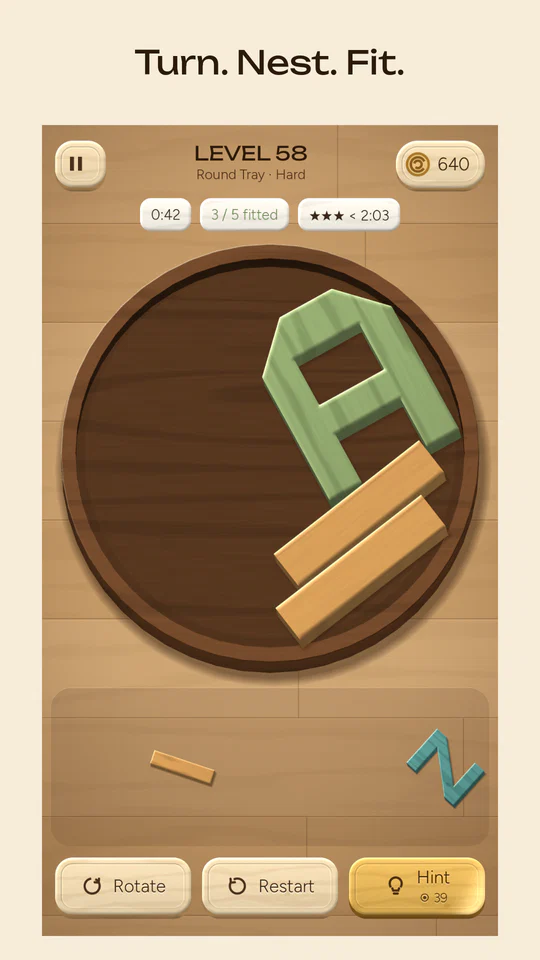 LETRFIT gameplay: wooden letters A and I nested inside a round tray, with an N and a plank waiting on the shelf