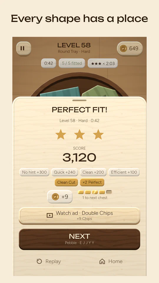 Perfect Fit result with three stars and a score of 3,120