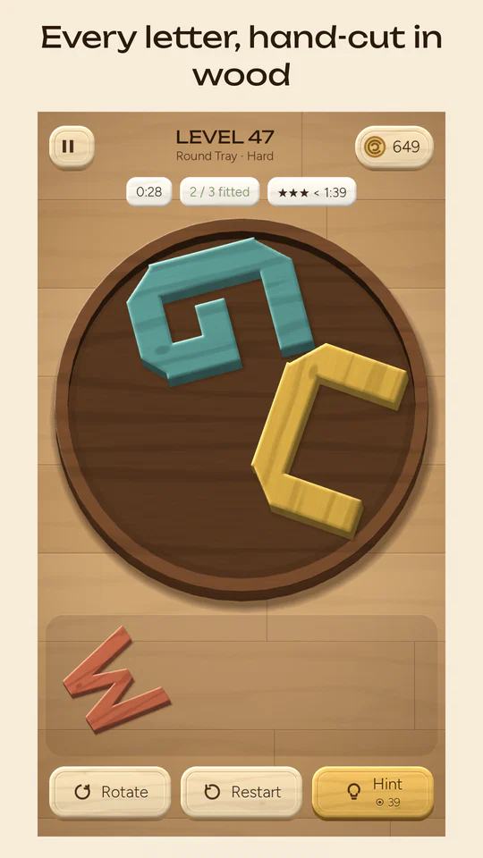 Wooden G and C letters in a round tray, with a W on the shelf