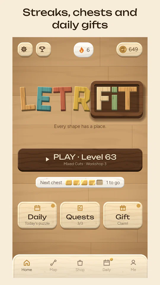 Home screen with the Play button, next chest, Daily, Quests and Gift