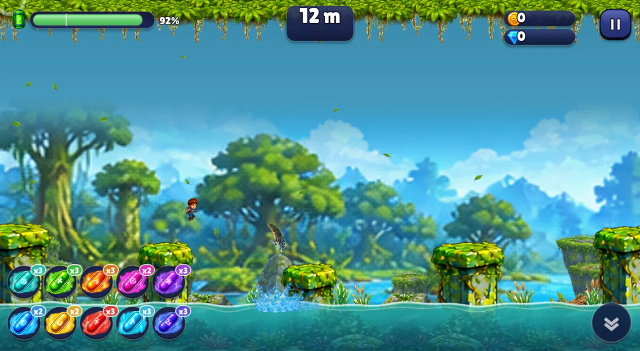A crocodile leaps out of the river towards Rico