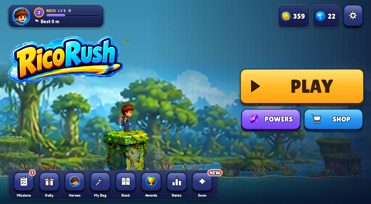 RicoRush home screen with Rico standing on a pillar