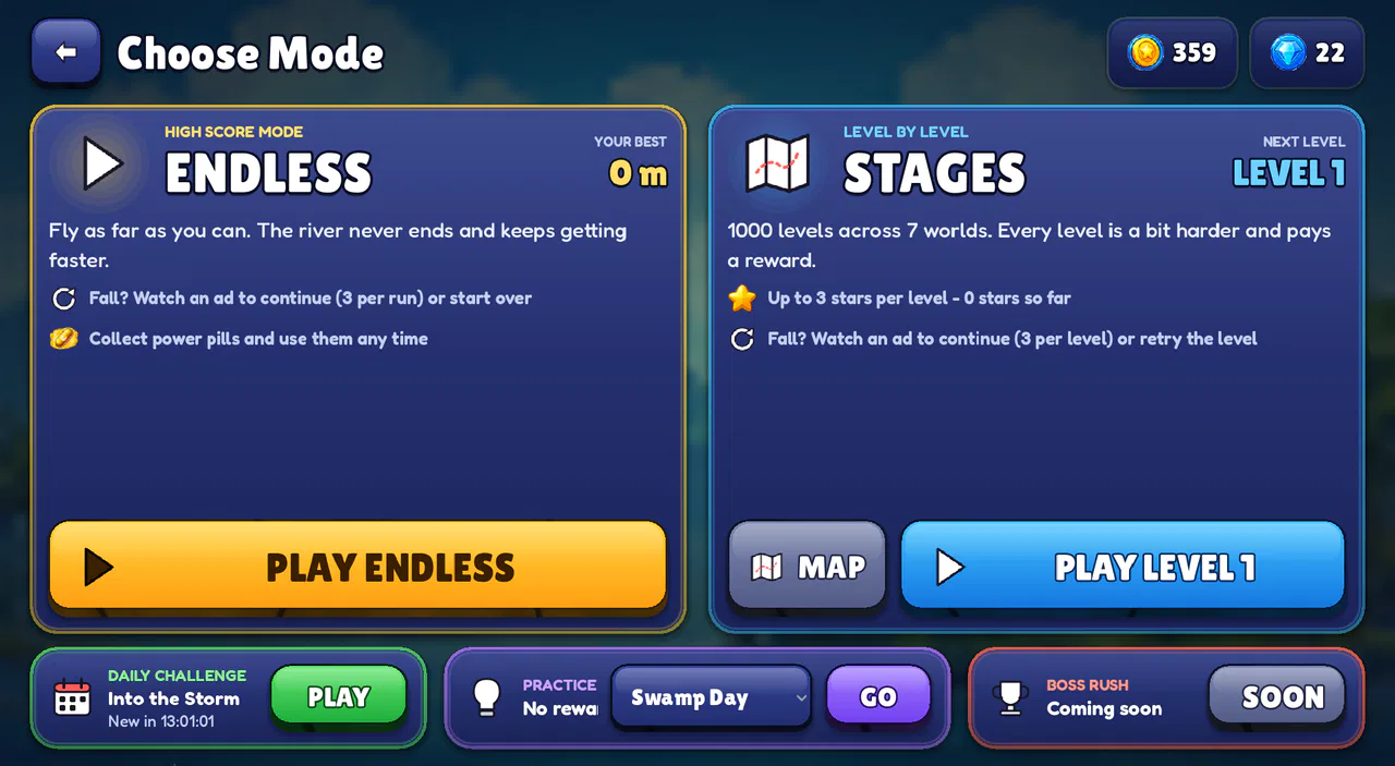 Choose Mode screen with Endless and Stages cards