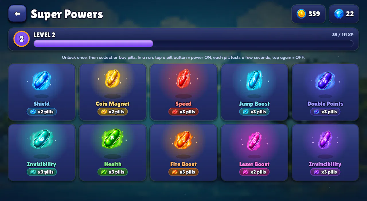 Super Powers screen with ten glowing pills