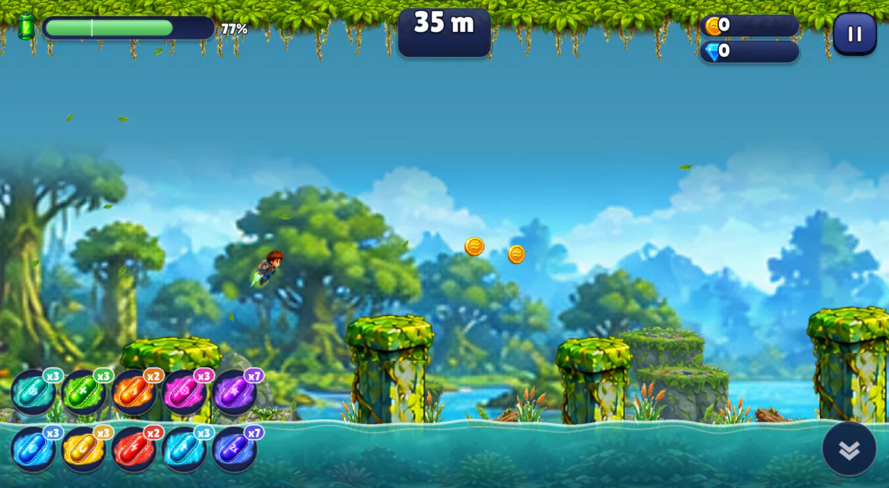RicoRush gameplay: Rico flies his jetpack over mossy stone pillars in a jungle river